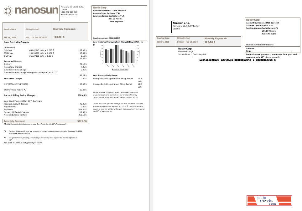 Czech Republic Nanosun sro business utility bill template in Word in pfd formats PSD template